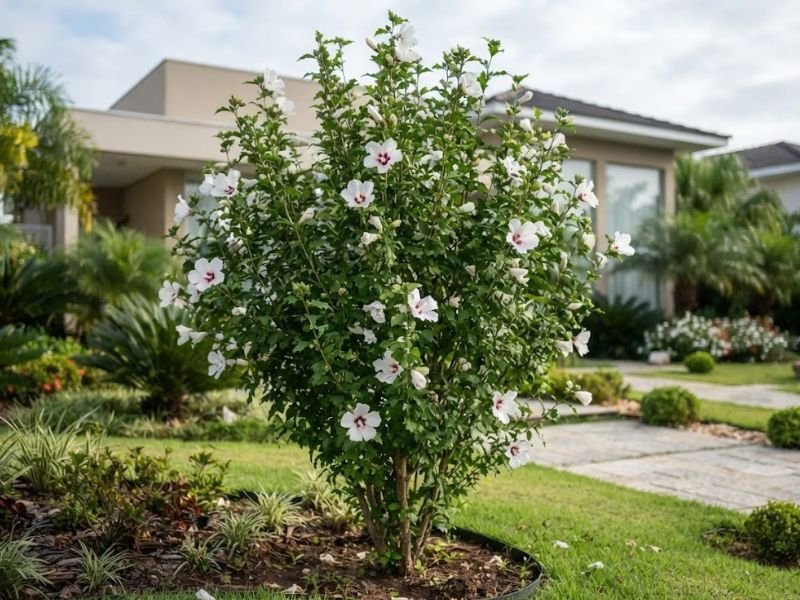 Arbusto de hibisco da Síria com flores brancas de centro avermelhado cultivado em canteiro ornamental.