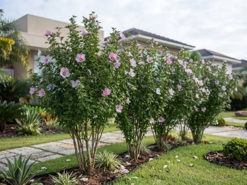 Cerca viva formada por arbustos de hibisco da Síria com flores rosadas ao longo de um caminho de jardim.