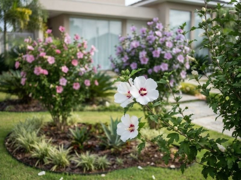 Flores brancas de hibisco da Síria em primeiro plano, com variedades rosadas e lilases cultivadas ao fundo.