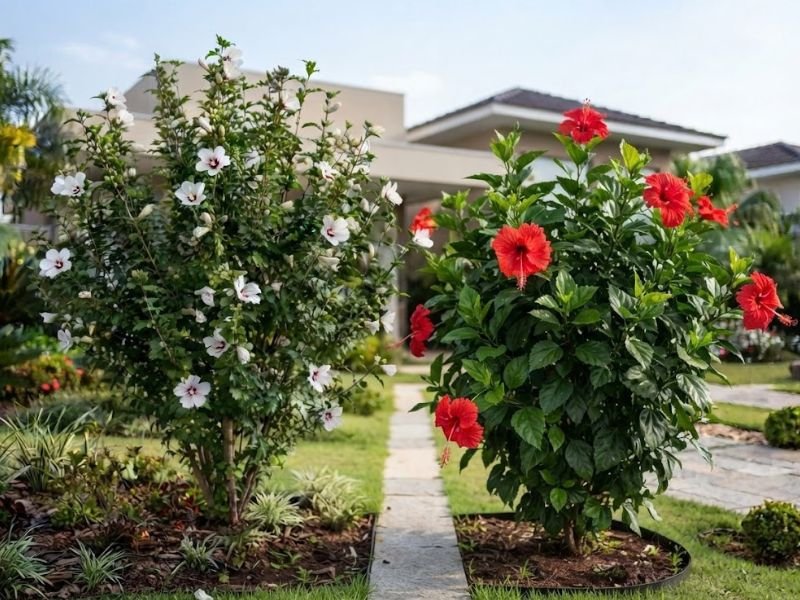 Hibisco da Síria com flores brancas ao lado de hibisco tropical com flores vermelhas em jardim residencial.