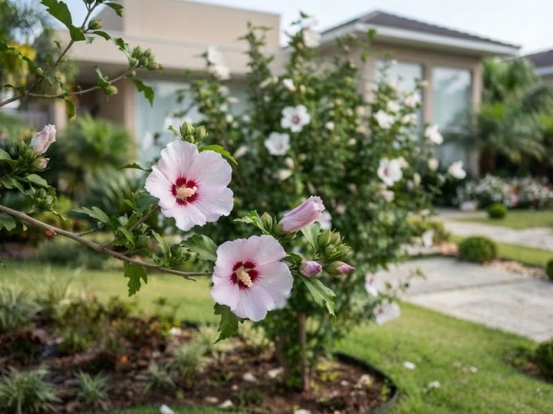 Duas flores rosadas de hibisco da Síria com centro avermelhado, acompanhadas por botões florais.