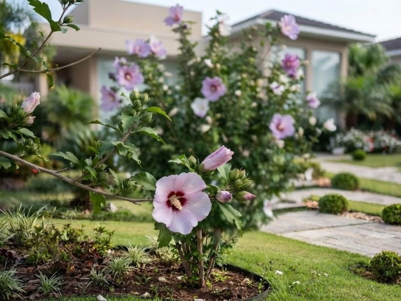Detalhe de flores lilases de hibisco da Síria com centro avermelhado, folhas dentadas e botões florais.