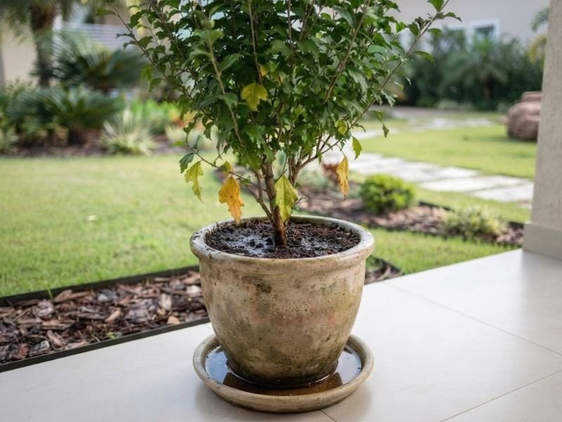 Hibisco da Síria cultivado em vaso com folhas inferiores amareladas e água acumulada no pratinho.