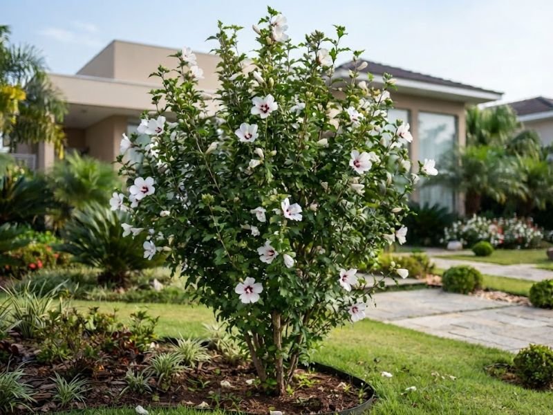 Hibiscos da Síria com flores brancas e rosadas cultivados em canteiros de jardim residencial.