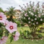 Flores rosa-claras de hibisco da Síria em primeiro plano, com arbusto florido ao fundo em jardim residencial.