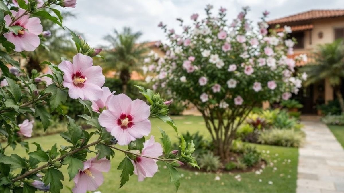 Flores rosa-claras de hibisco da Síria em primeiro plano, com arbusto florido ao fundo em jardim residencial.