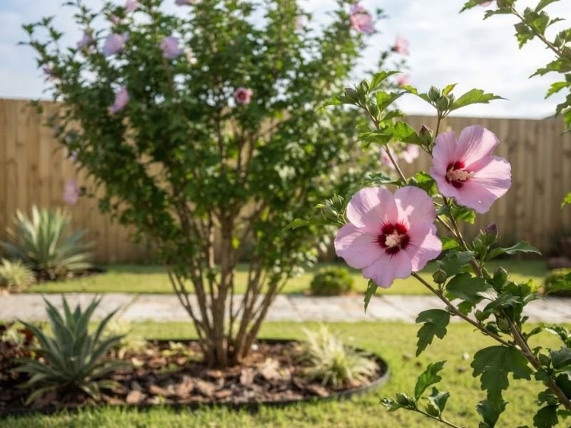 Flores rosadas de hibisco da Síria recebendo luz solar direta em um jardim residencial.
