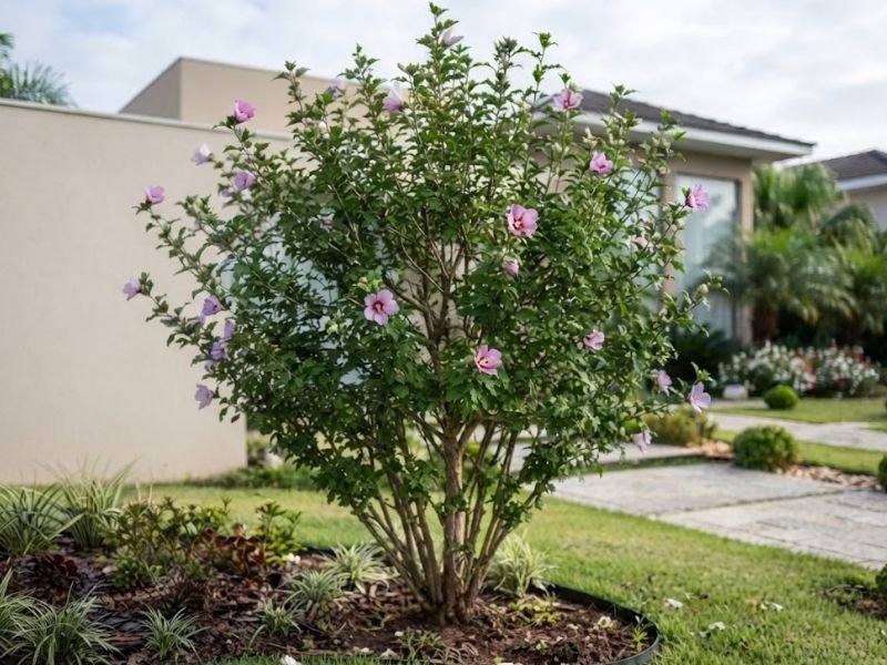 Hibisco da Síria adulto com vários galhos saindo da base e flores rosadas, cultivado diretamente no jardim.