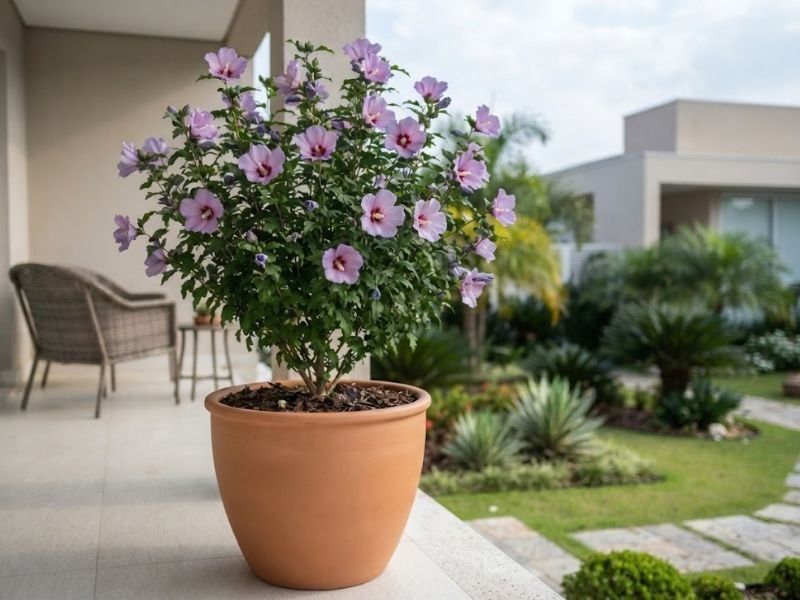 Hibisco da Síria com flores lilases cultivado em vaso grande de terracota em varanda residencial.