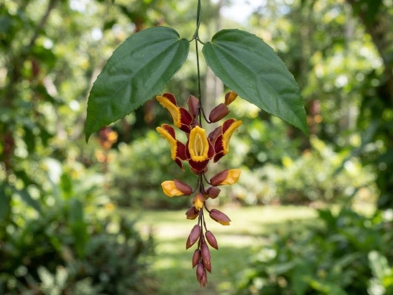 Folhas opostas e cacho amarelo e vinho usados para identificar a Thunbergia mysorensis