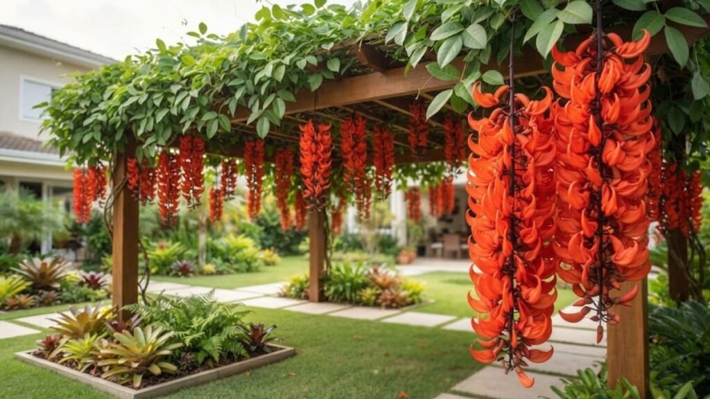 Cachos de jade vermelha em primeiro plano diante de um pergolado florido em jardim residencial bem cuidado