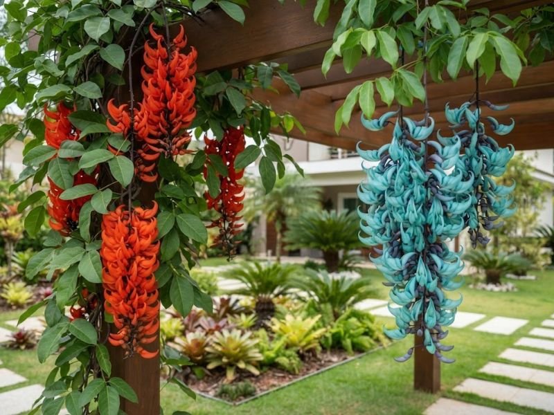 Comparação entre jade vermelha com flores alaranjadas e jade azul com flores azul-turquesa em pergolado