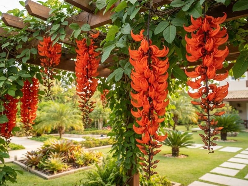Pergolado com vários cachos pendentes de jade vermelha em plena floração