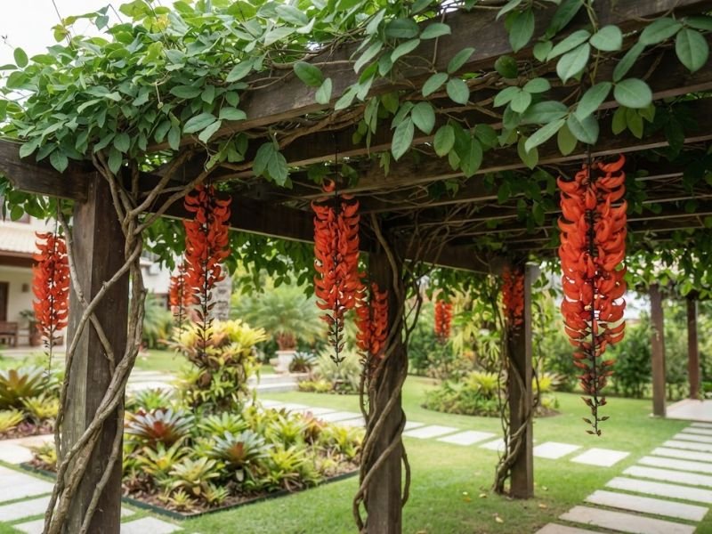Jade vermelha cobrindo pergolado de madeira com cachos pendentes em jardim residencial