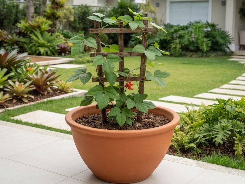 Jade vermelha jovem cultivada em vaso grande com suporte de madeira em jardim residencial