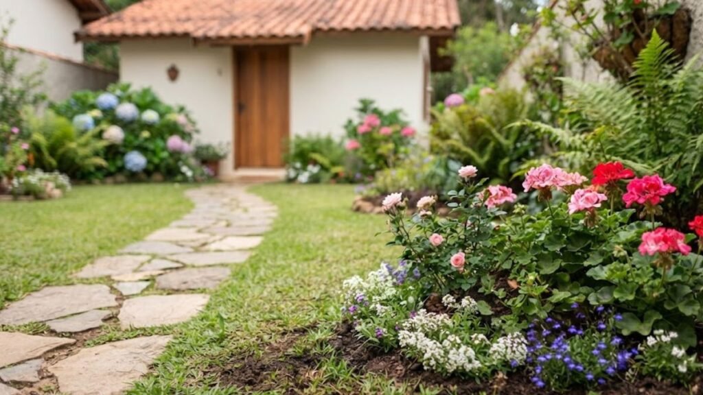 Jardim da vovó com flores tradicionais, caminho de pedras e casa brasileira ao fundo.