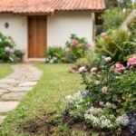 Jardim da vovó com flores tradicionais, caminho de pedras e casa brasileira ao fundo.