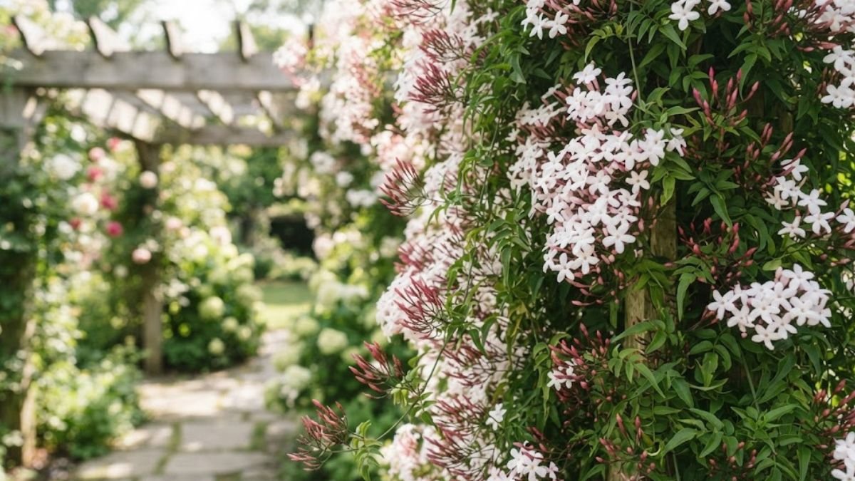 Jasmim dos poetas em plena floração com flores brancas e botões rosados em pergolado