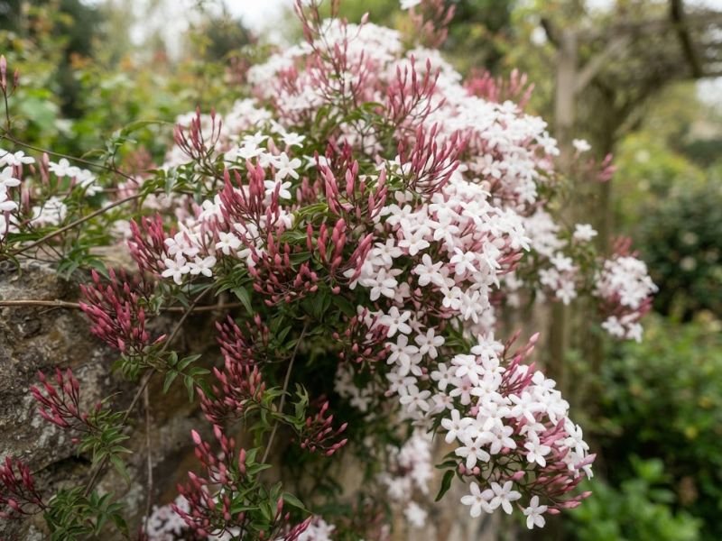 Flores brancas e botões rosados do jasmim dos poetas em trepadeira florida