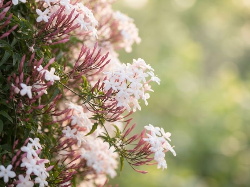 Close de flores brancas e botões rosados do jasmim dos poetas