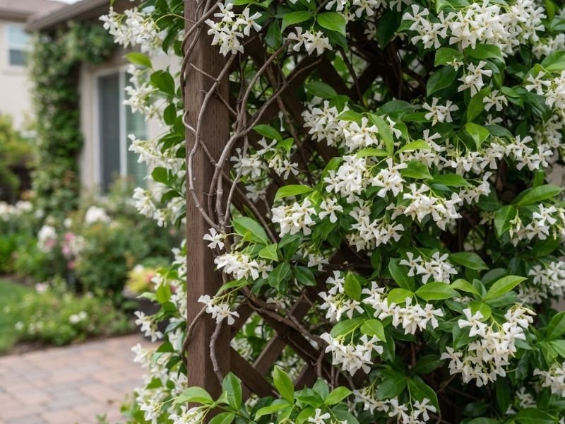 Jasmim estrela com flores brancas crescendo em treliça residencial