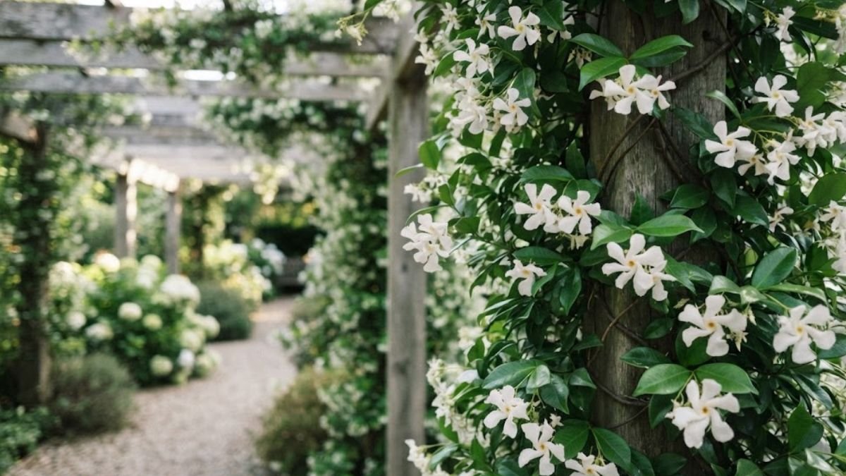 Jasmim estrela com flores brancas subindo em pergolado de jardim