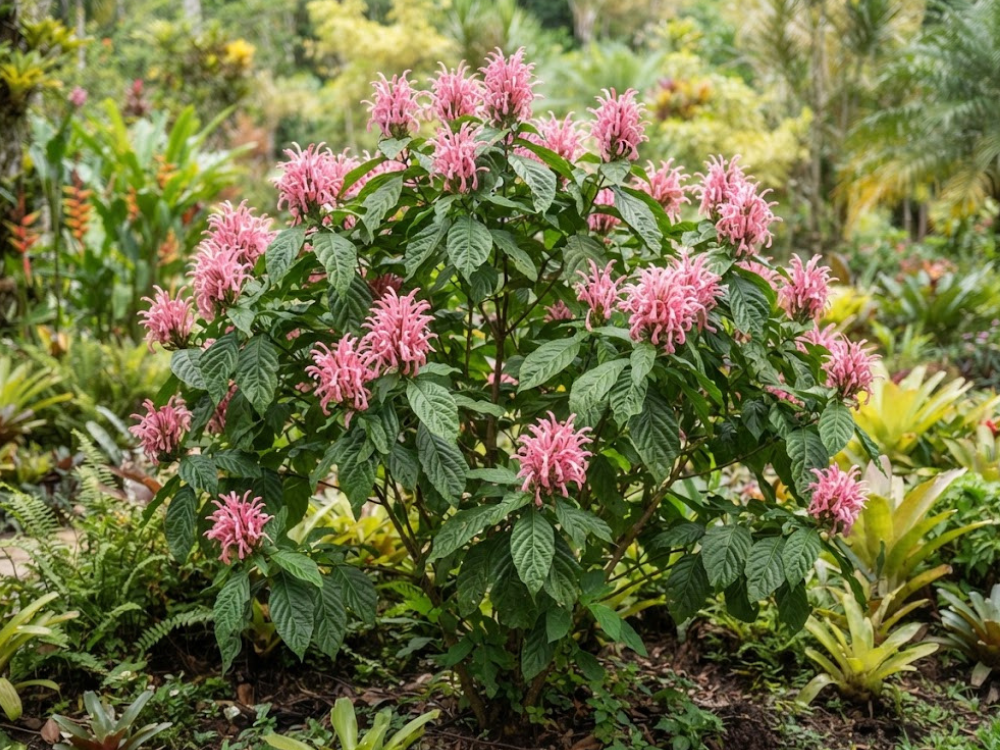 Arbusto de Justicia carnea coberto por inflorescências rosadas