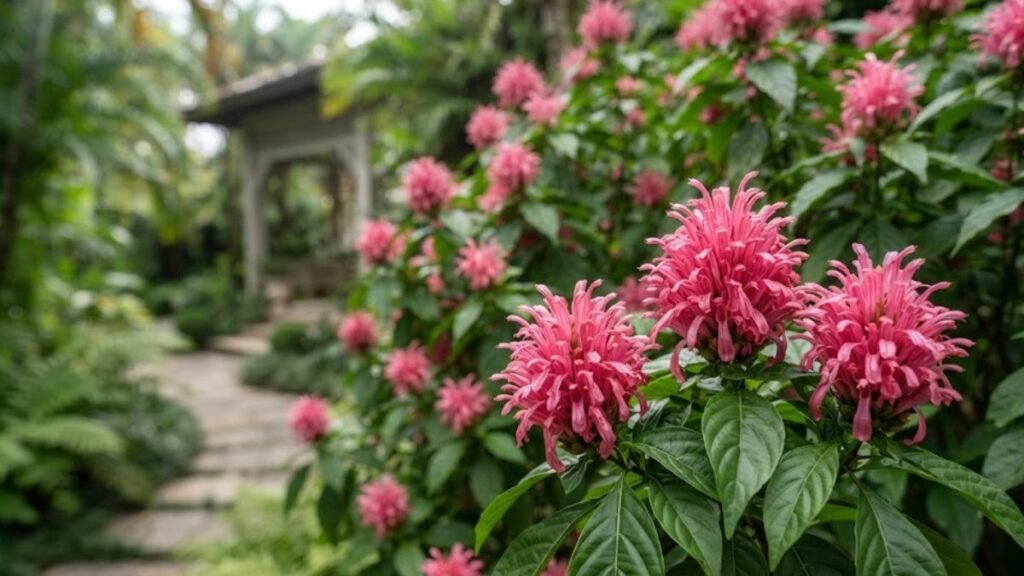 Justicia carnea florida com grandes plumas rosadas em jardim residencial