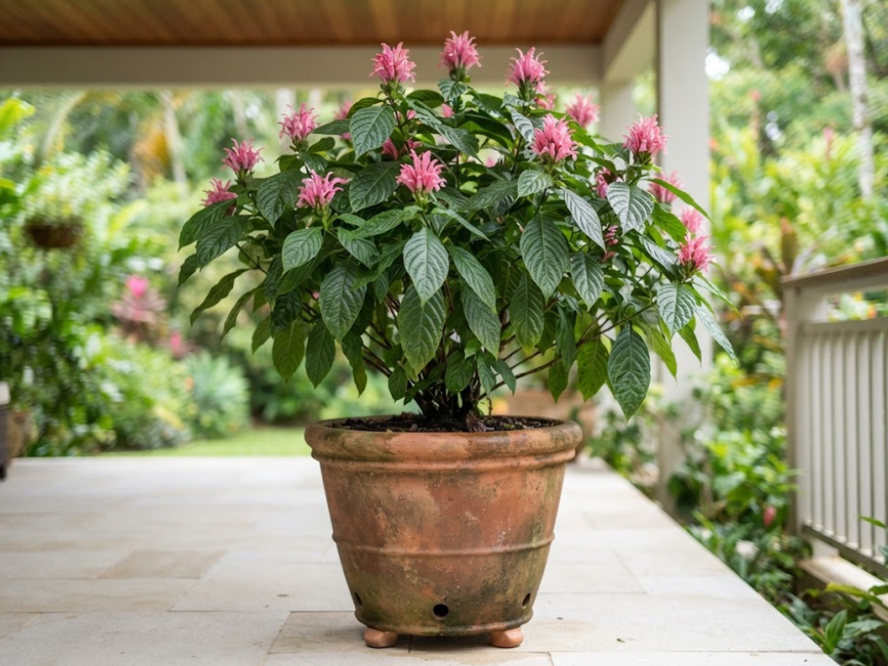 Justicia carnea florida cultivada em vaso grande na varanda