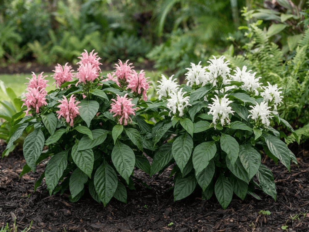 Justicia carnea com flores rosadas e variedade Alba com flores brancas
