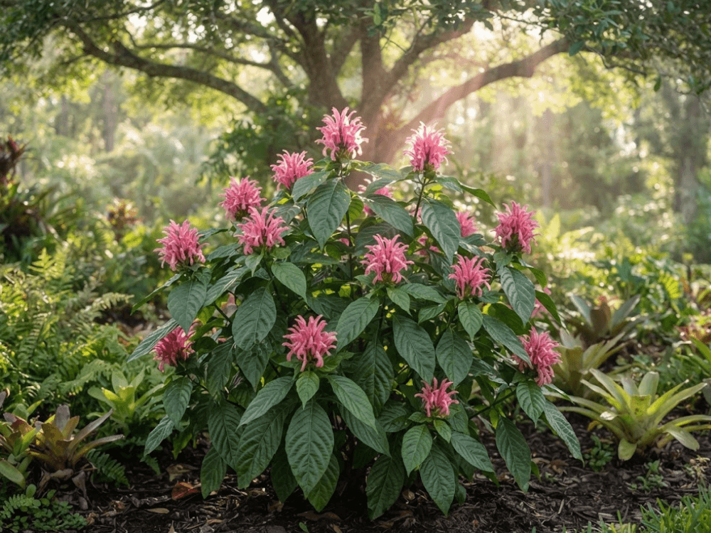 Justicia carnea cultivada em meia-sombra sob luz filtrada