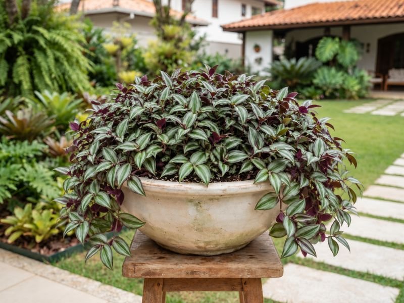 Lambari roxo adulto e cheio em vaso baixo com folhagem verde, prateada e roxa