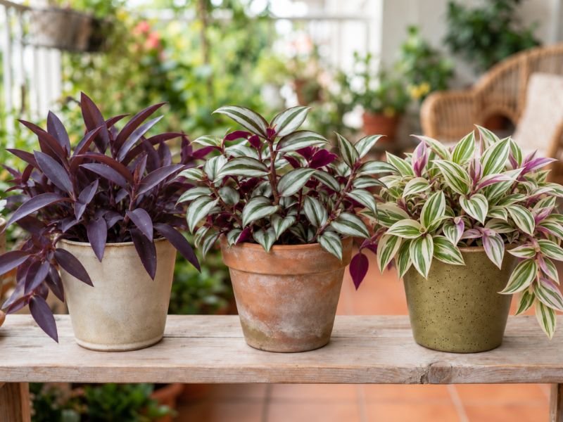Três Tradescantias ornamentais diferentes em vasos lado a lado