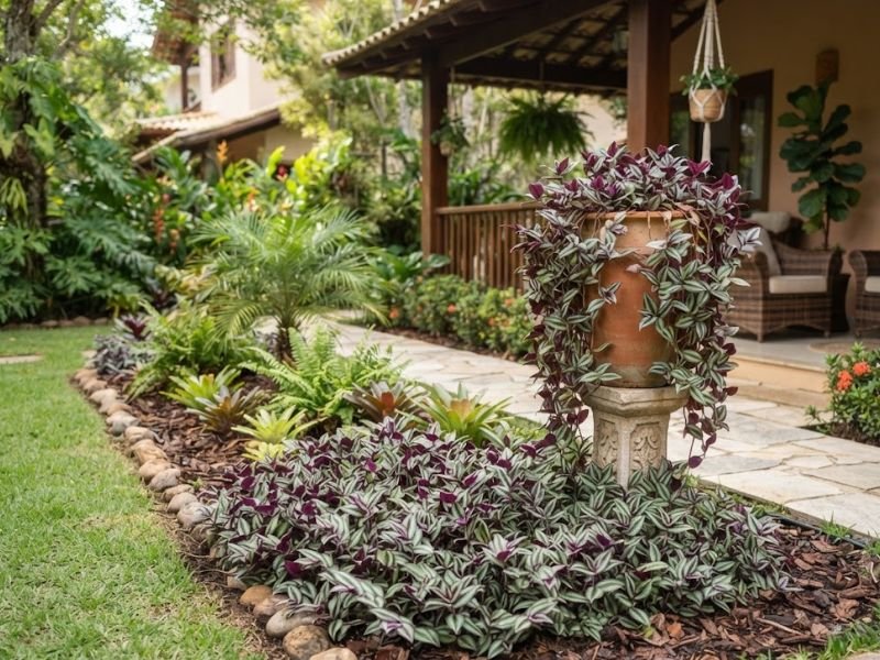 Lambari roxo usado em vaso e como forração no mesmo jardim residencial