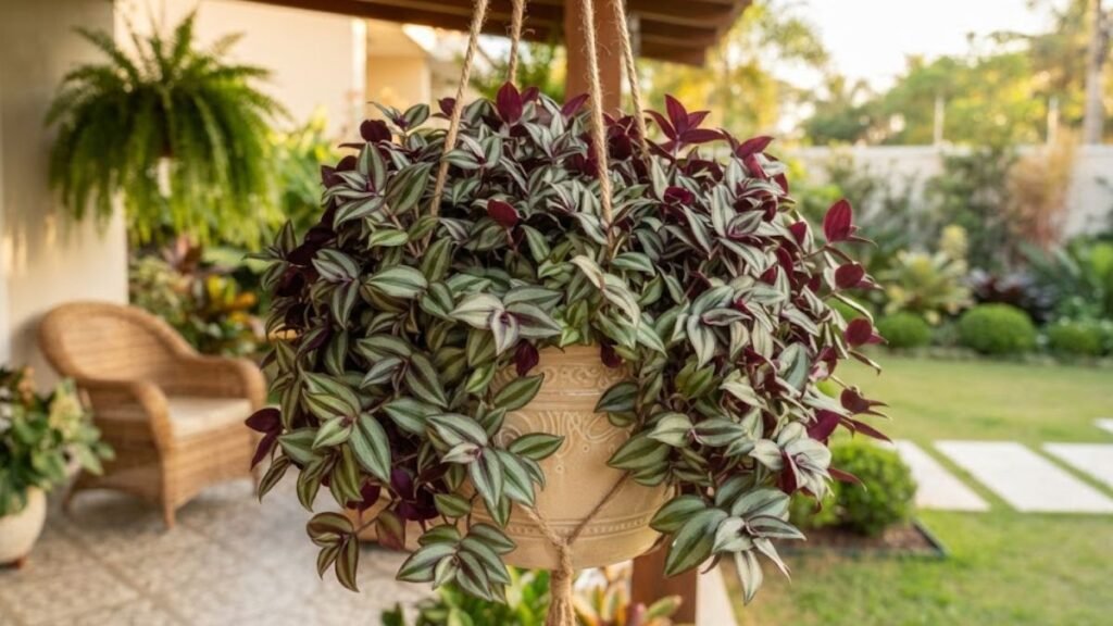 Lambari roxo cheio em vaso pendente na varanda com folhas verdes, prateadas e roxas