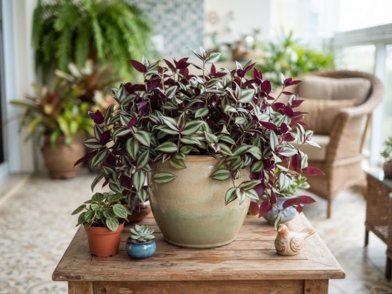 Lambari roxo cheio em vaso ornamental sobre mesa em varanda clara