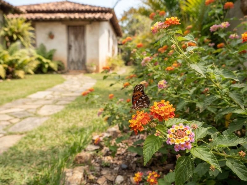 Borboleta pousada em flores coloridas de lantana em jardim residencial brasileiro.