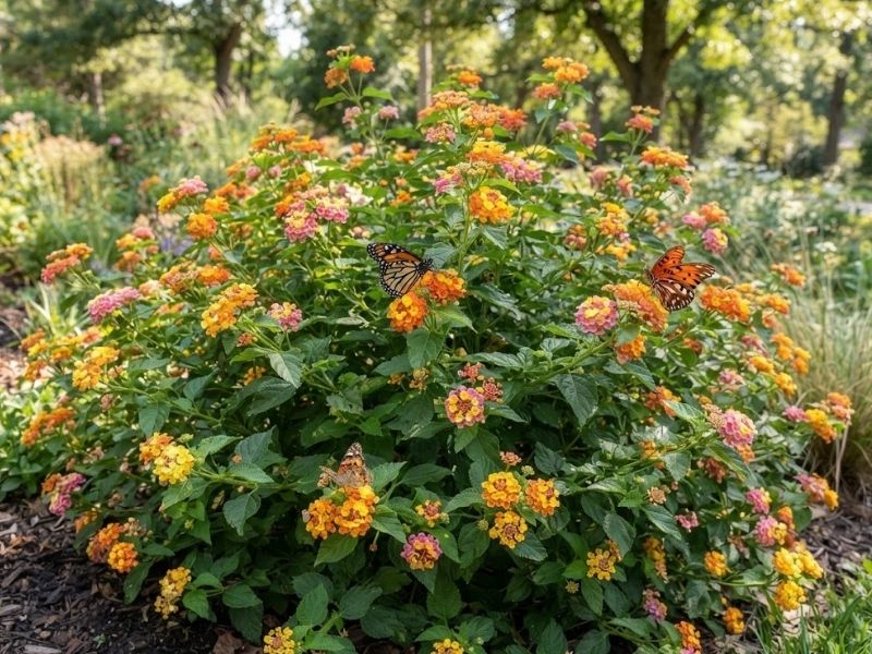 Borboletas pousadas sobre flores coloridas de Lantana camara no jardim