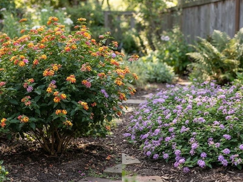 Lantana camara arbustiva ao lado de lantana rasteira com flores lilases