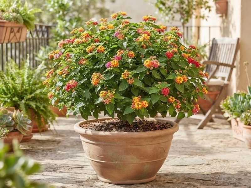Lantana camara compacta e florida cultivada em vaso grande