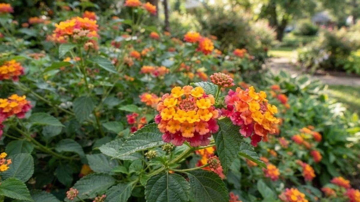 Lantana camara com flores amarelas, laranjas e rosadas em destaque no jardim