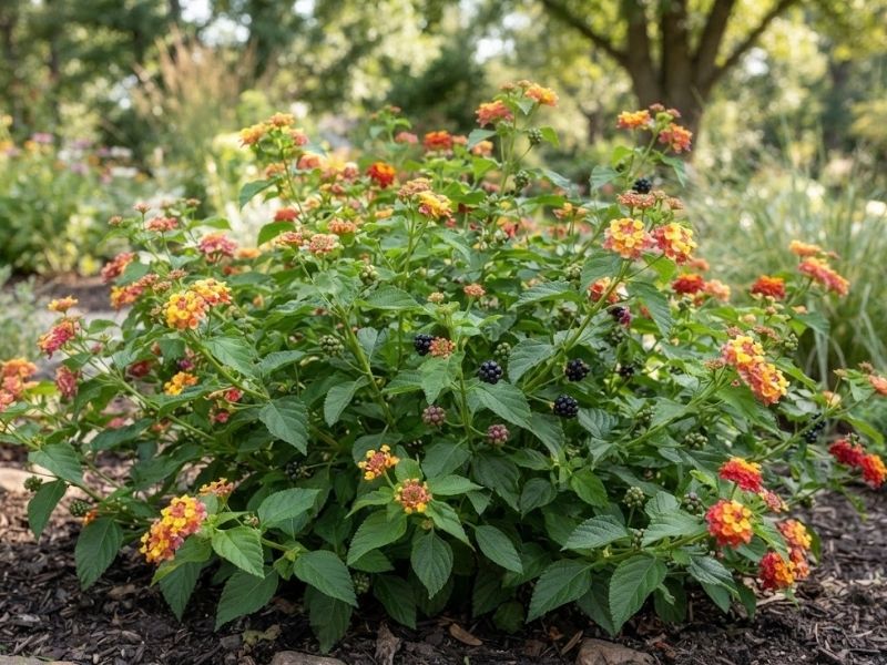 Folhas, flores e pequenos frutos de Lantana camara em detalhe