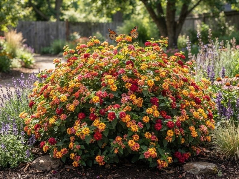 Lantana camara florida formando arbusto denso em jardim ensolarado