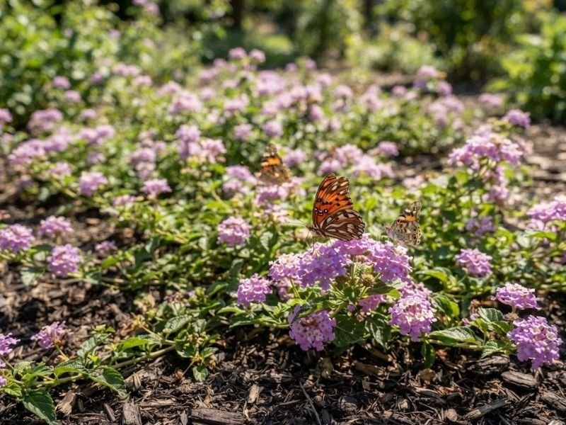 Borboletas pousadas sobre flores lilases de lantana rasteira