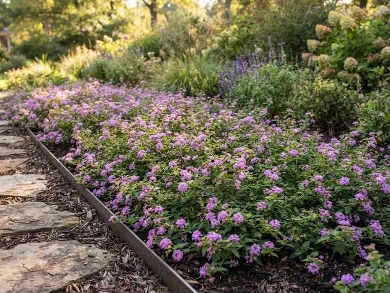 Lantana rasteira cobrindo o solo em canteiro de jardim