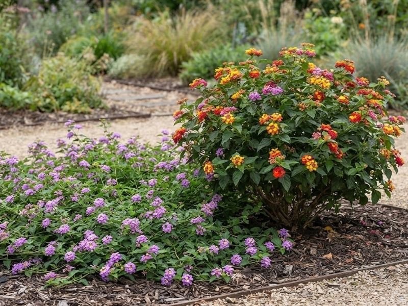 Lantana rasteira baixa ao lado de Lantana camara de porte arbustivo