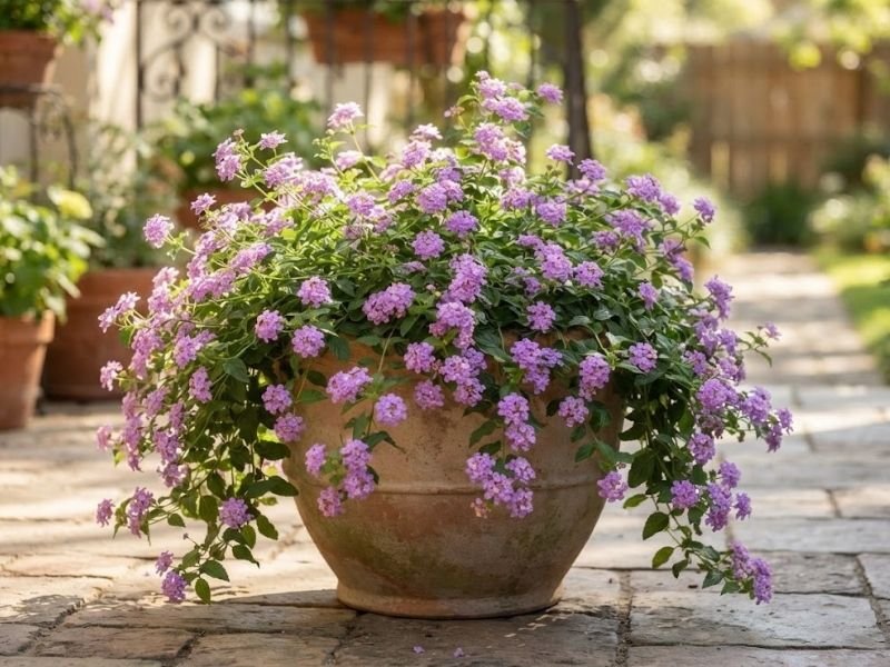 Lantana rasteira florida em vaso com ramos caindo pelas laterais