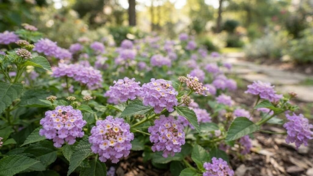 Lantana rasteira com flores lilases em destaque no jardim