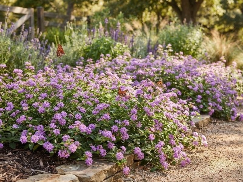 Lantana rasteira florida preenchendo canteiro ensolarado no jardim