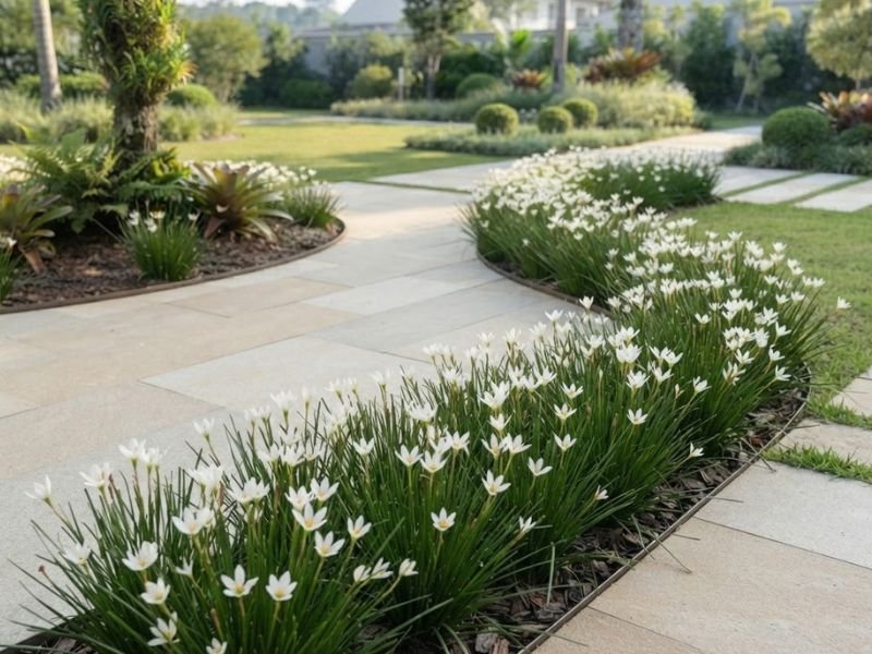 Bordadura de lírio do vento branco com pequenas flores distribuídas ao longo de um caminho de jardim.